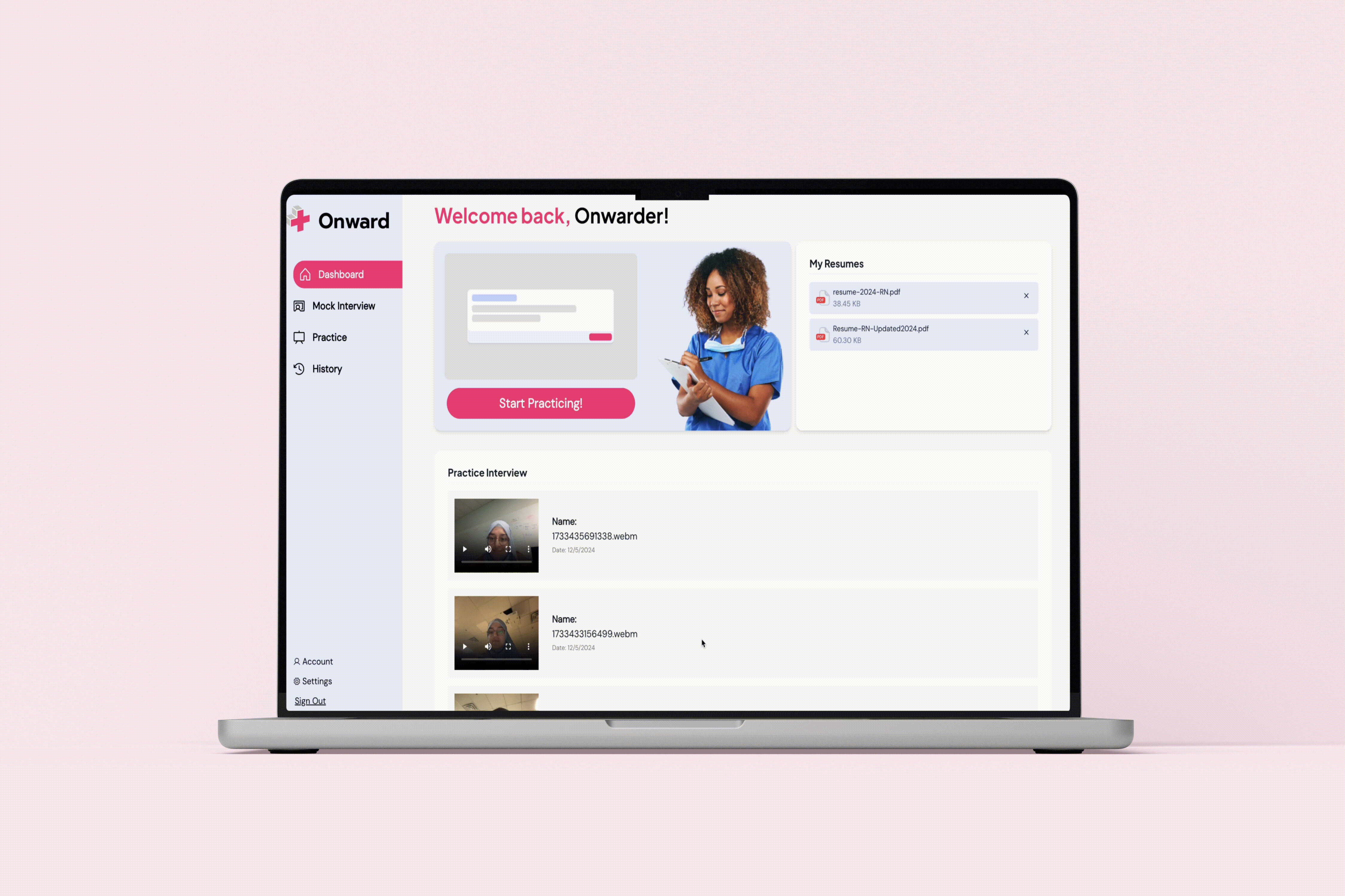 Navigating through Onward, with our call to action button to the main flows