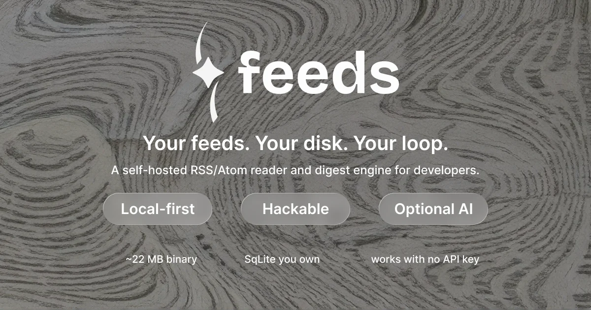 The Feeds hero — the lockup in paper over the topographic pattern, the tagline, and three capability pills.