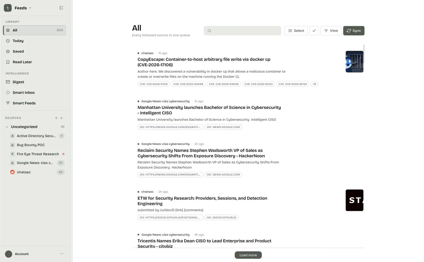 The Feeds article list after the brand refresh, showing inline CVE, malware and actor chips extracted locally at view time.