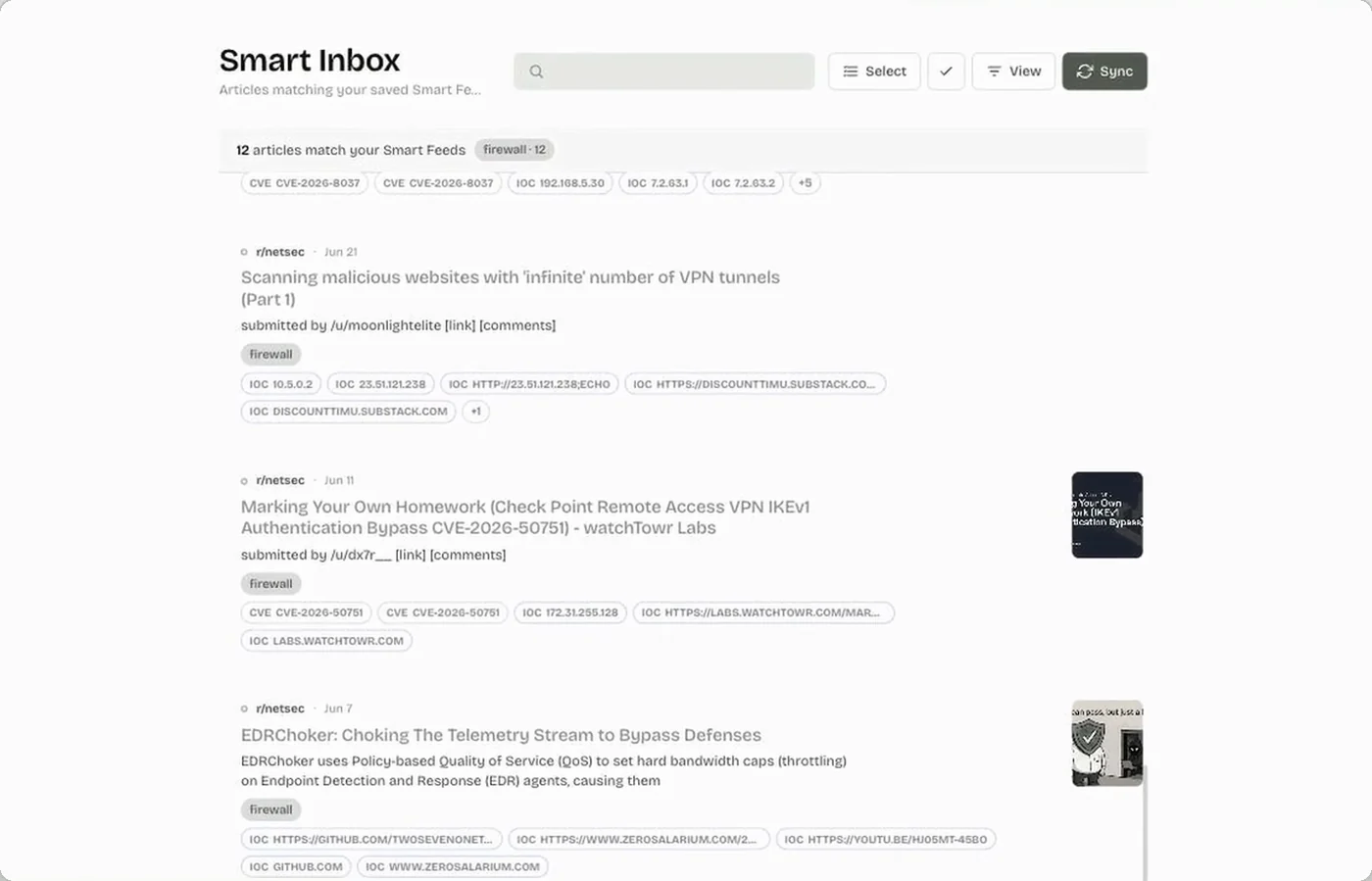 The Feeds Smart Inbox — saved filters returning only matching articles, in the refreshed interface.