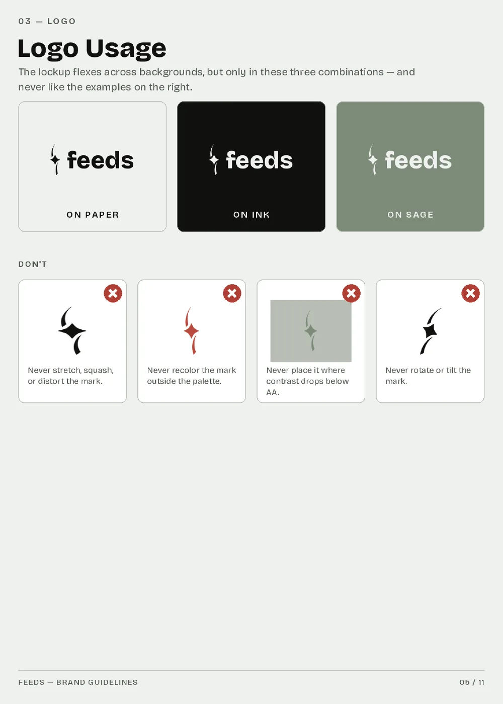 Guidelines page 5 — logo usage: the three approved background combinations, and four explicit don’ts.