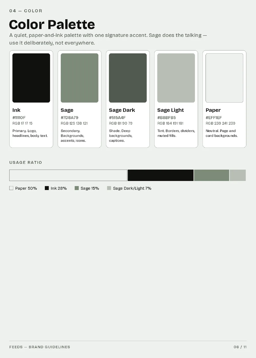 Guidelines page 6 — the colour palette with hex and RGB values, plus the usage-ratio bar.
