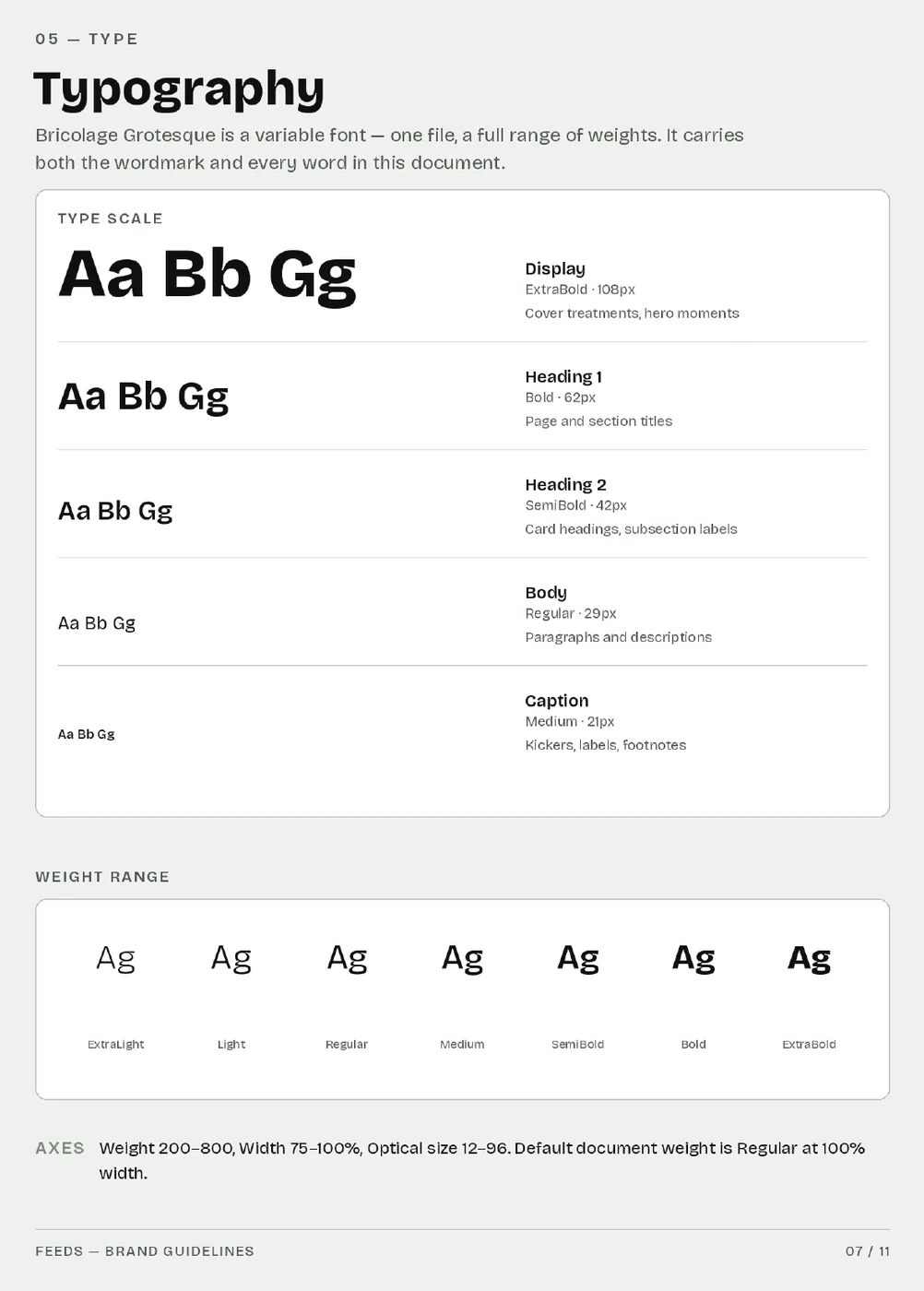 Guidelines page 7 — typography: Bricolage Grotesque weights and type scale.