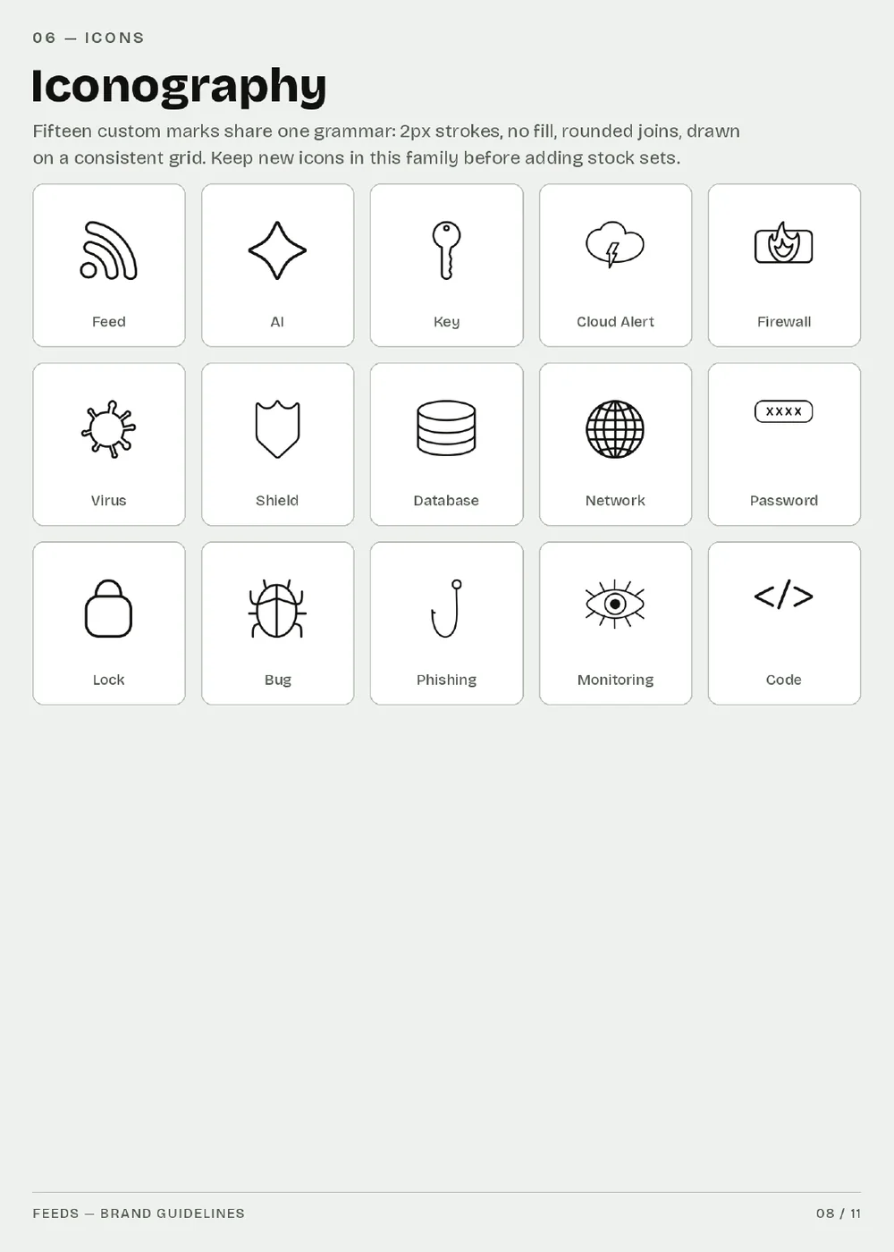 Guidelines page 8 — the custom line-icon system.